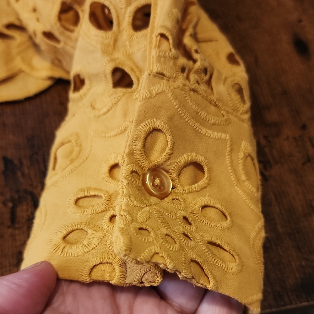 JOIE | Yellow Eyelet Lace Cropped Romantic Boho Feminine Boxy Button Blouse | M - Picture 12 of 12